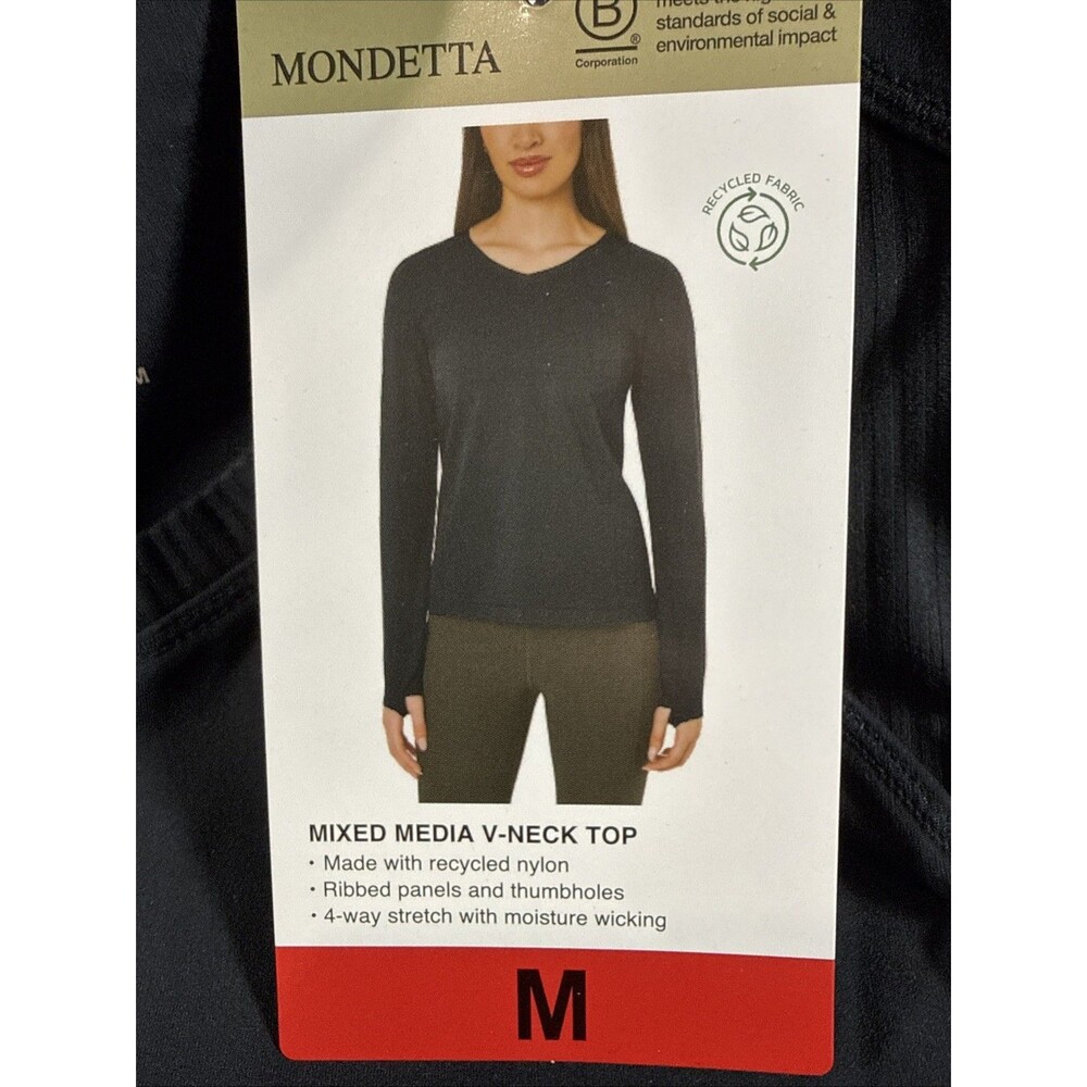 Mondetta Women's Mixed Media V-Neck Top, Black Thumb Holes Medium, NWT